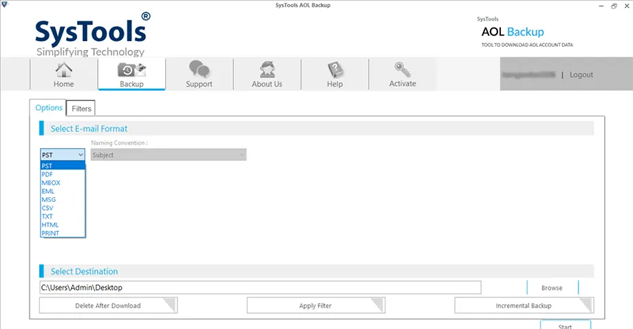 select pst to export aol to pst
