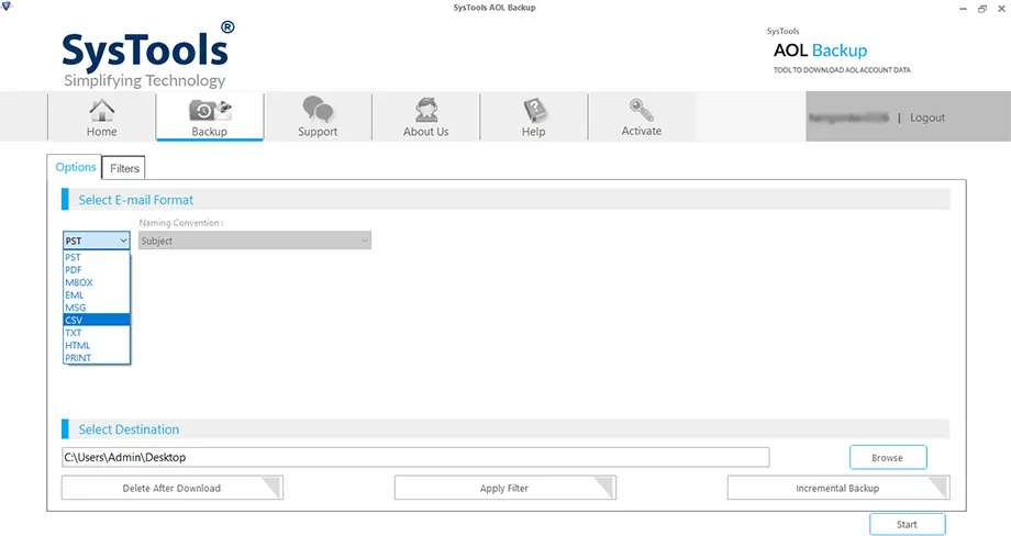 select the csv format