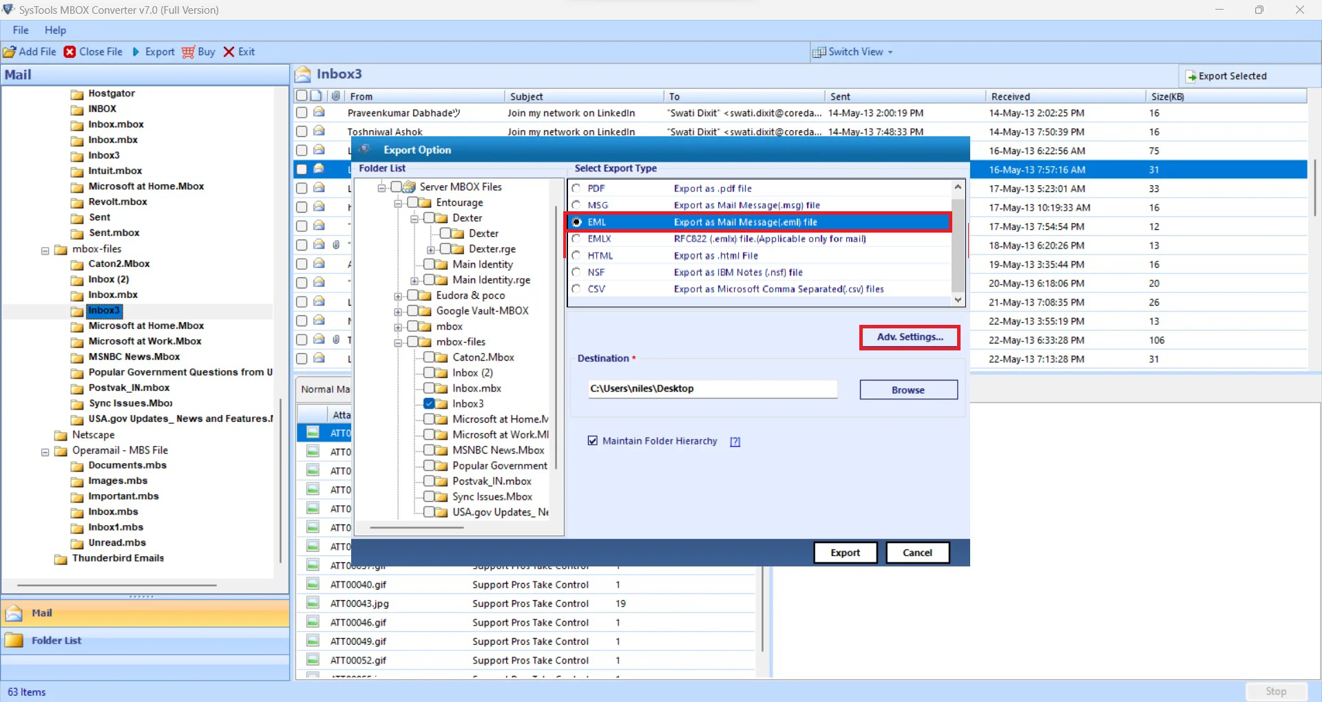 select eml file