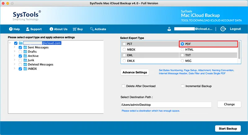 select the PDF radio button