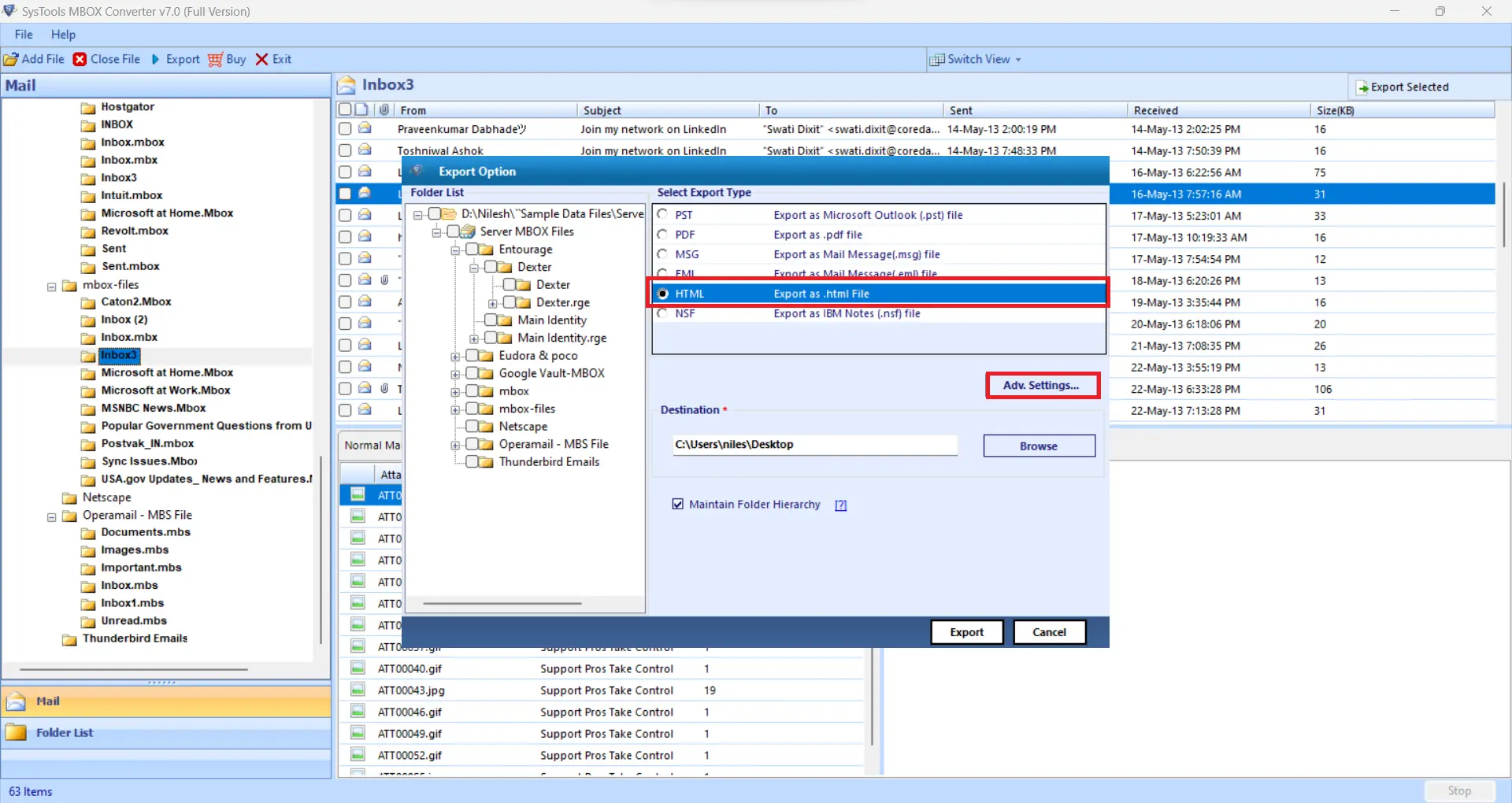 select html as the export format