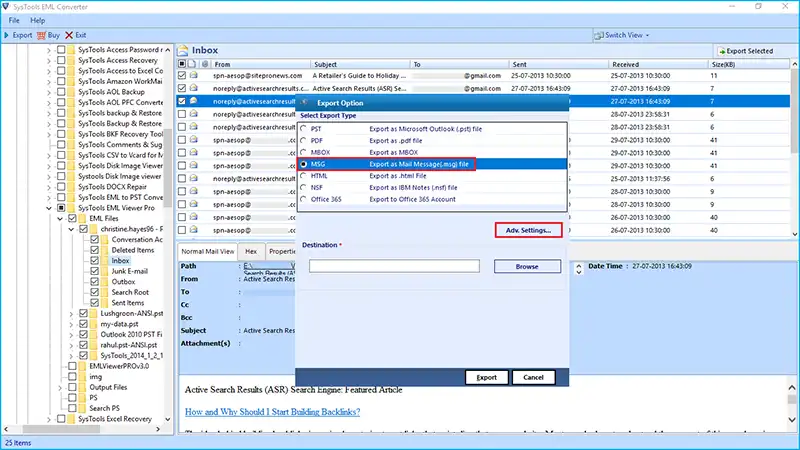 Select MSG export option