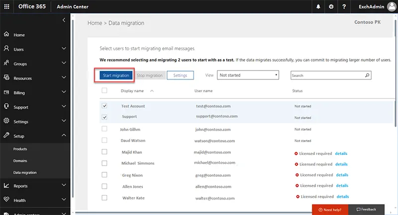 start migration to migrate hosted Exchange to Office 365