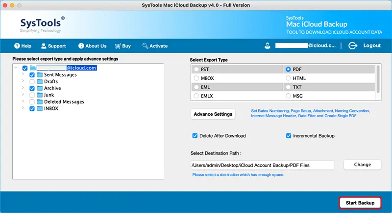 hit on Start Backup button