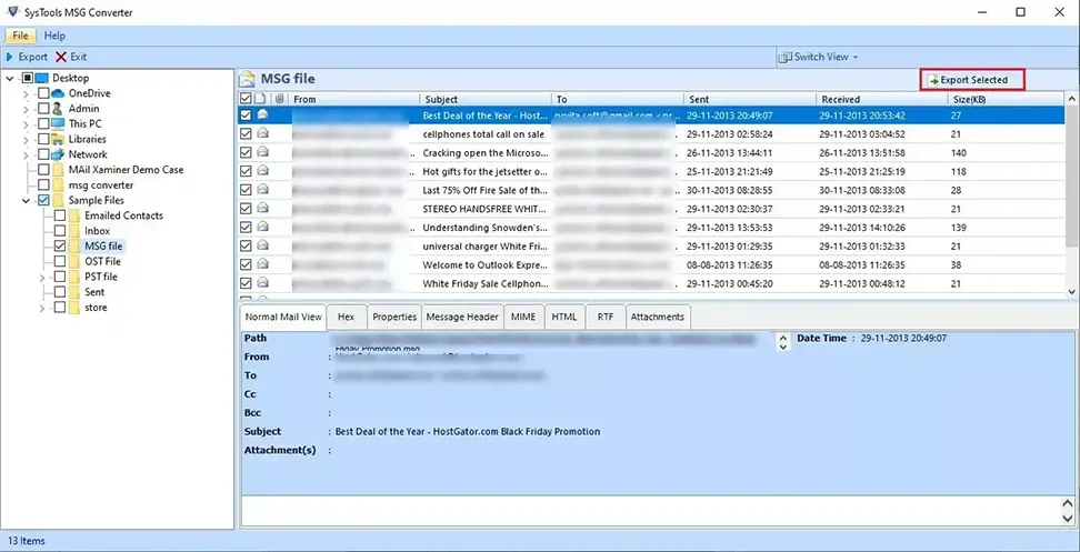 use export selected option