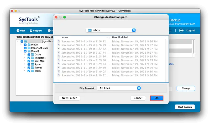 Destination Location to Export IMAP to MBOX
