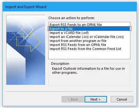 select outlook data file