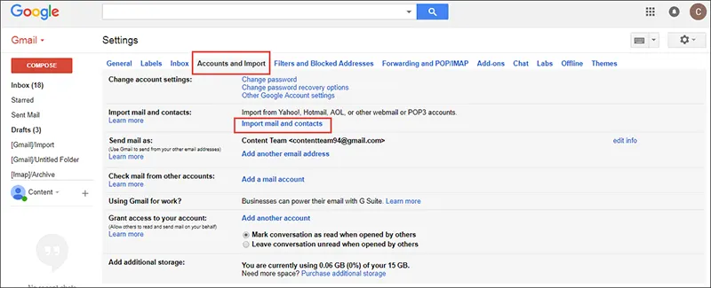 Gmail account and import