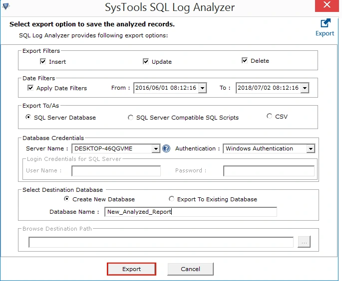 export to execute SQL LDF Recovery