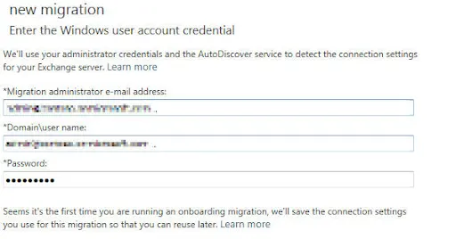 Specify the admin user account credentials for the Exchange server.