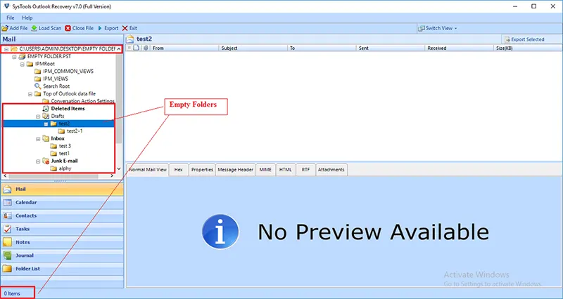 empty folder in pst