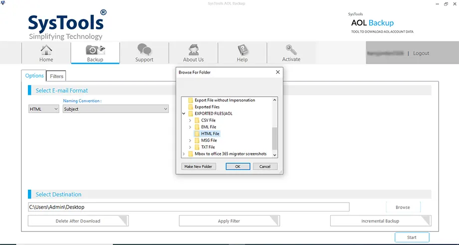 launch the tool to convert aol to html format