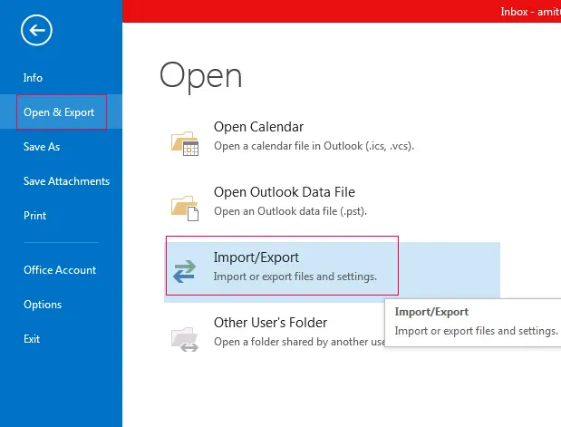 open outlook import export option