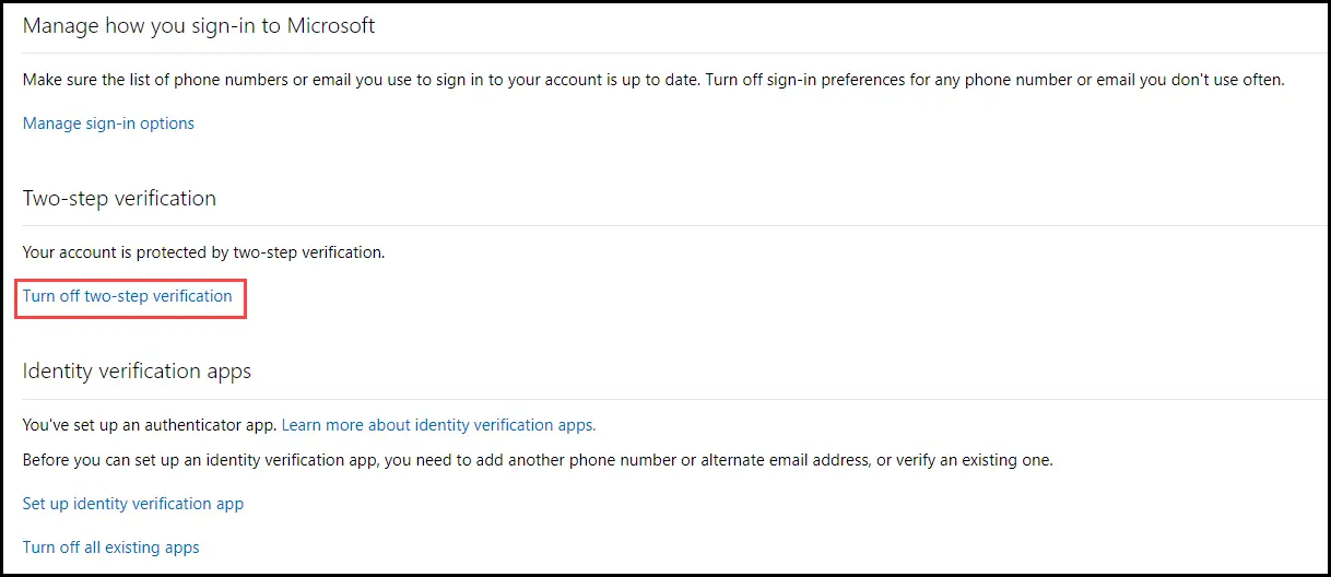 Turn Off two-step verification