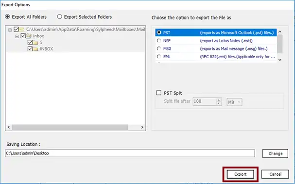 export sylpheed emails to pst format