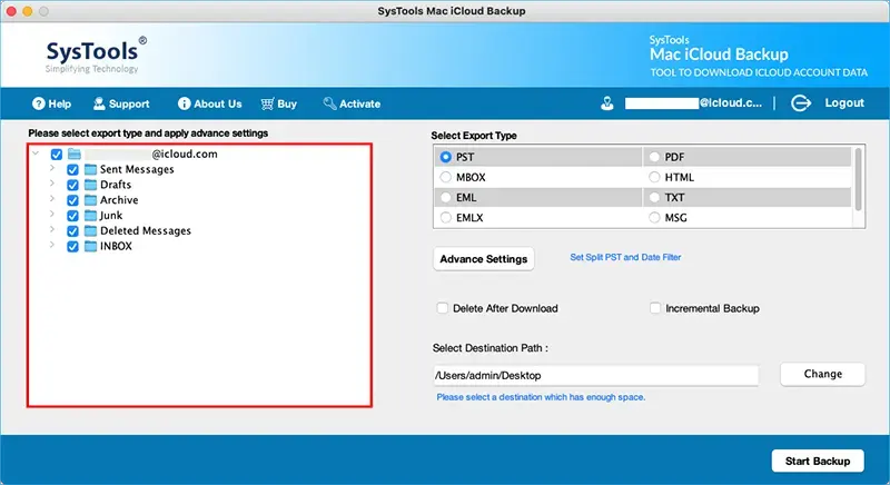 choose emails then, select file type