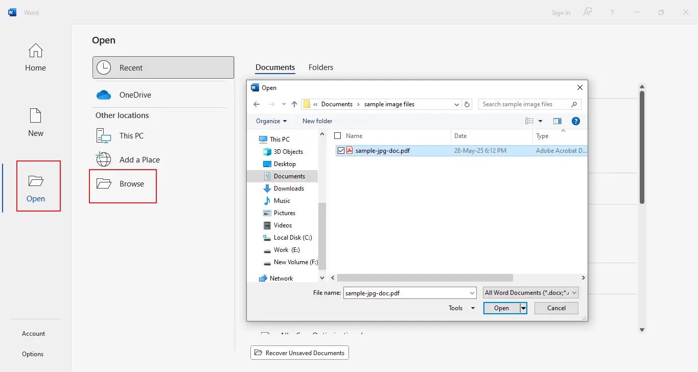 browse the file in word