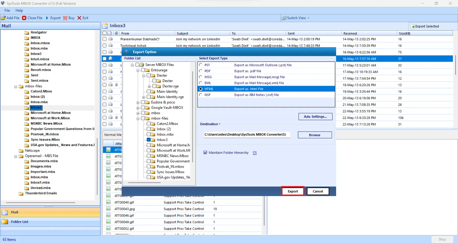 click export button to export mbox to html