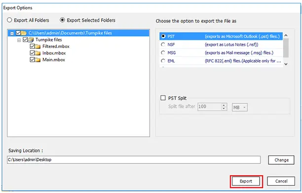 export turnpike emails to ms outlook