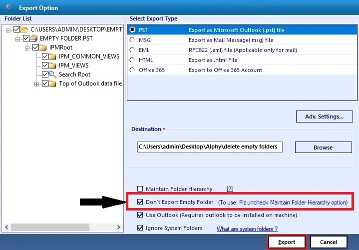 delete empty folders in outlook pst