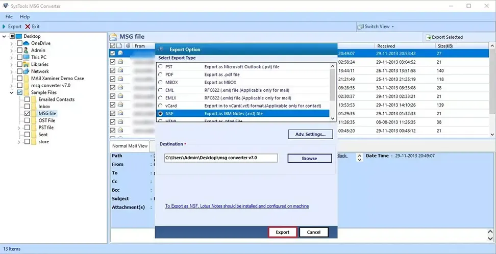Free convert MSG to NSF File data