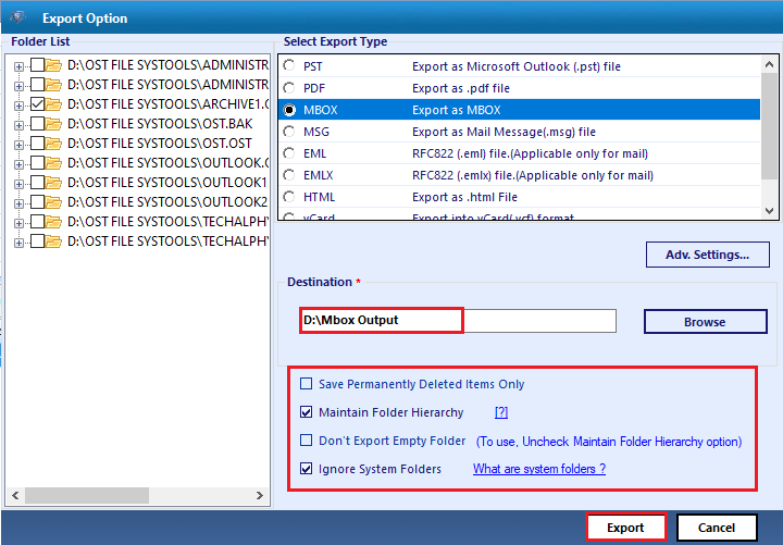 select export type