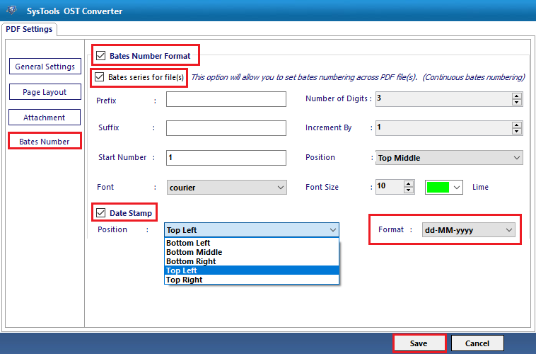 Bates Numbering Option