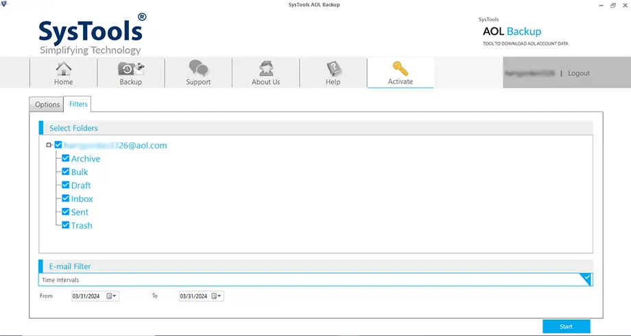 click the start button to export aol to csv