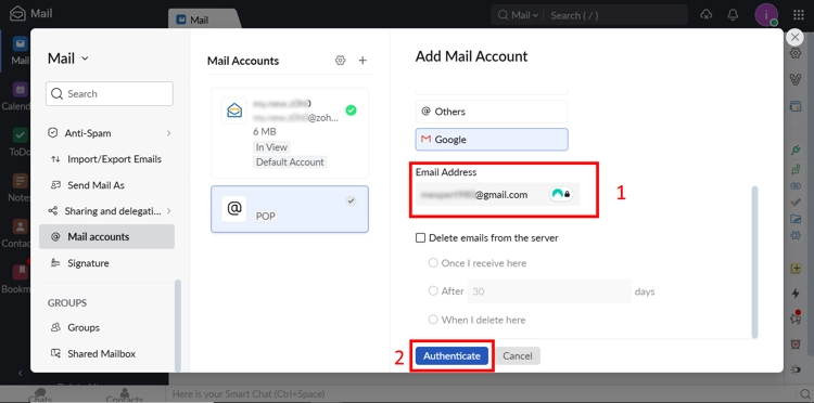 Authenticating to connect Gmail to Zoho