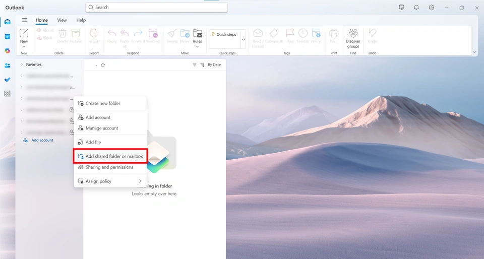 'New' Outlook: Add shared folder/mailbox option.