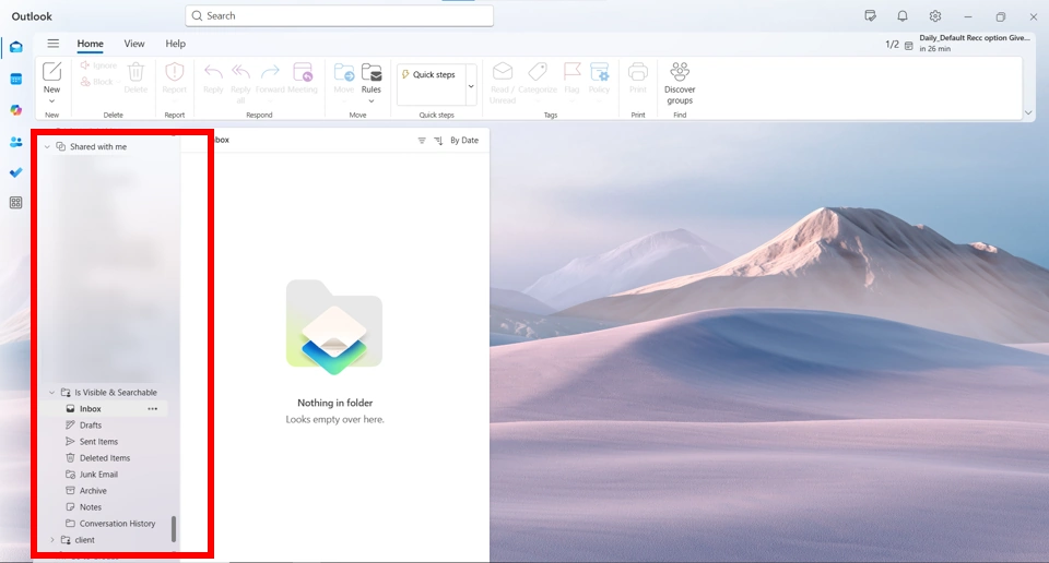 Shared mailbox in 'New' Outlook's 'Shared with me'.