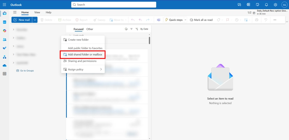 Outlook on the Web: Add shared folder/mailbox.