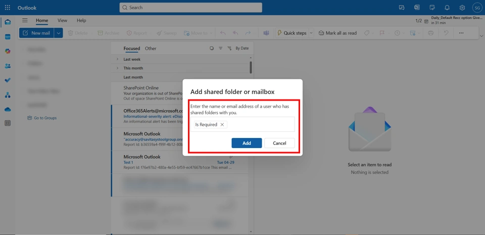 Outlook on the Web: Search for shared mailbox to add.