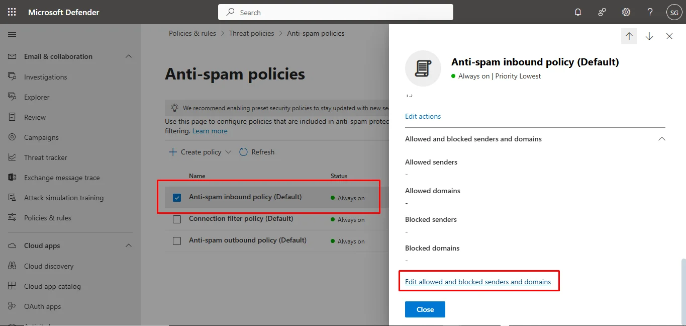 Edit Outlook email whitelist