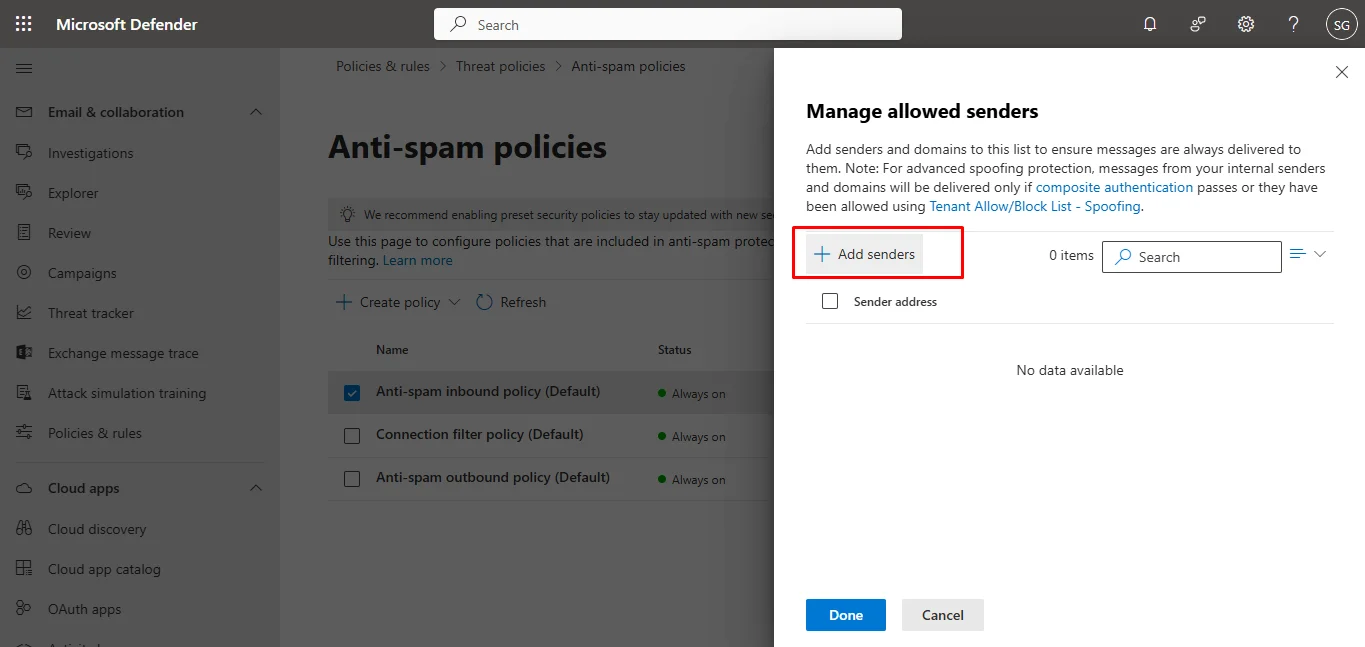 Begin Sender addition for Whitelisting a domain in Office 365