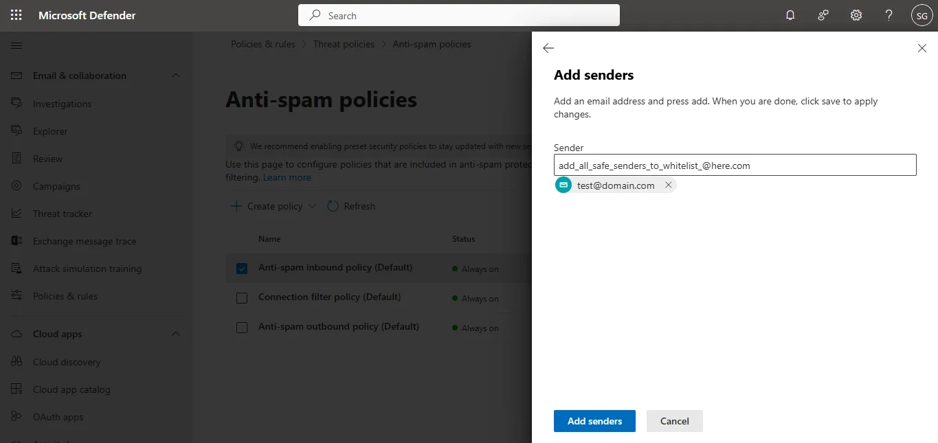 Add senders to whitelist a domain office 365