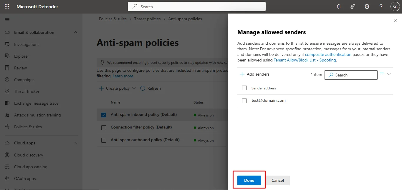 Press Done to whitelist an email in Outlook