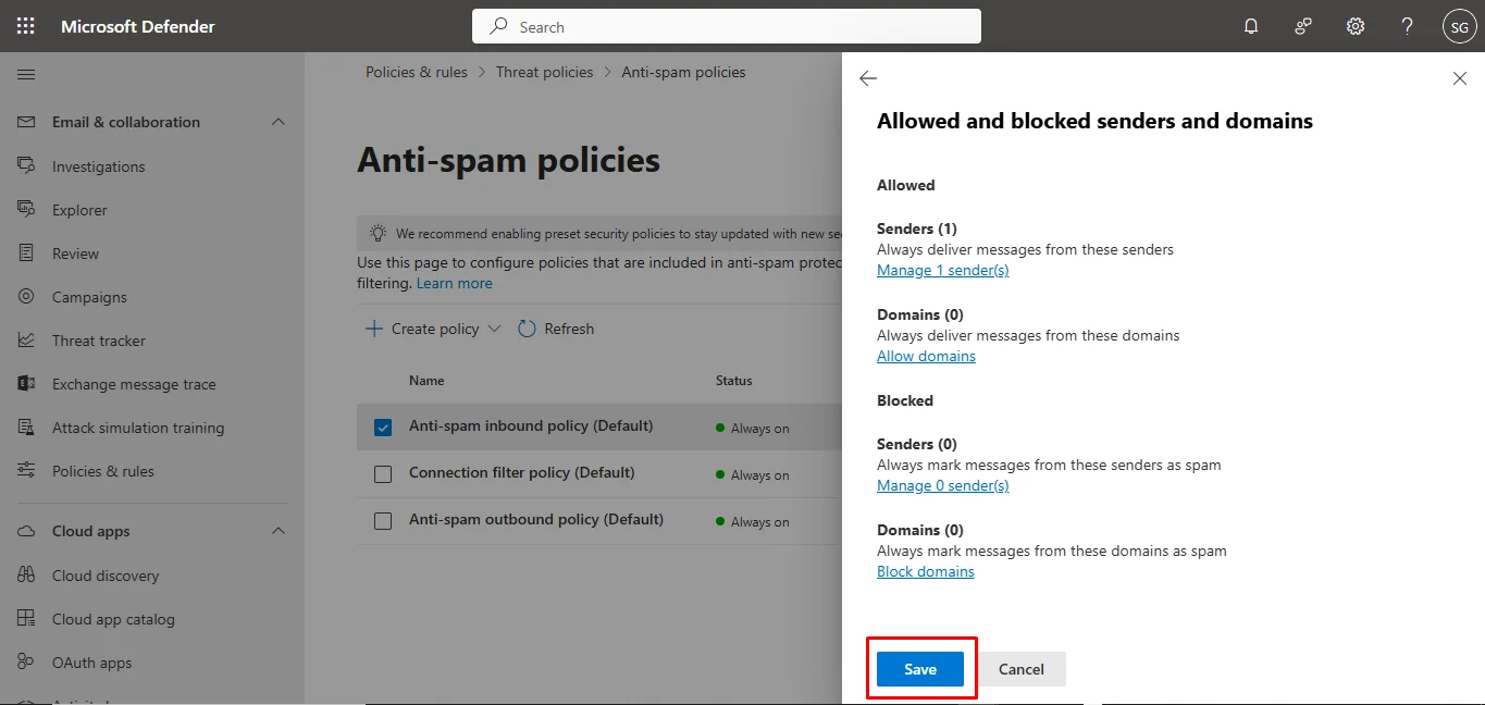 Save whitelist on Outlook 365 Defender Portal