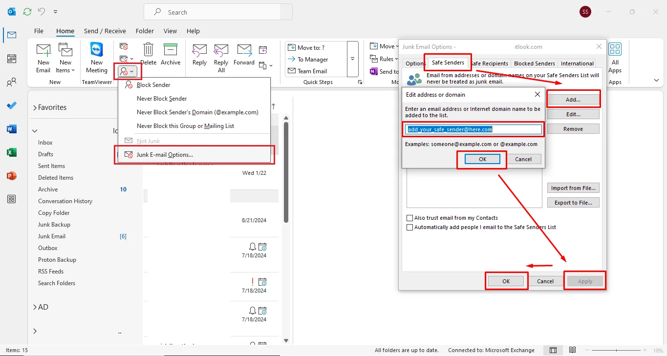 Steps to whitelist on Outlook classic