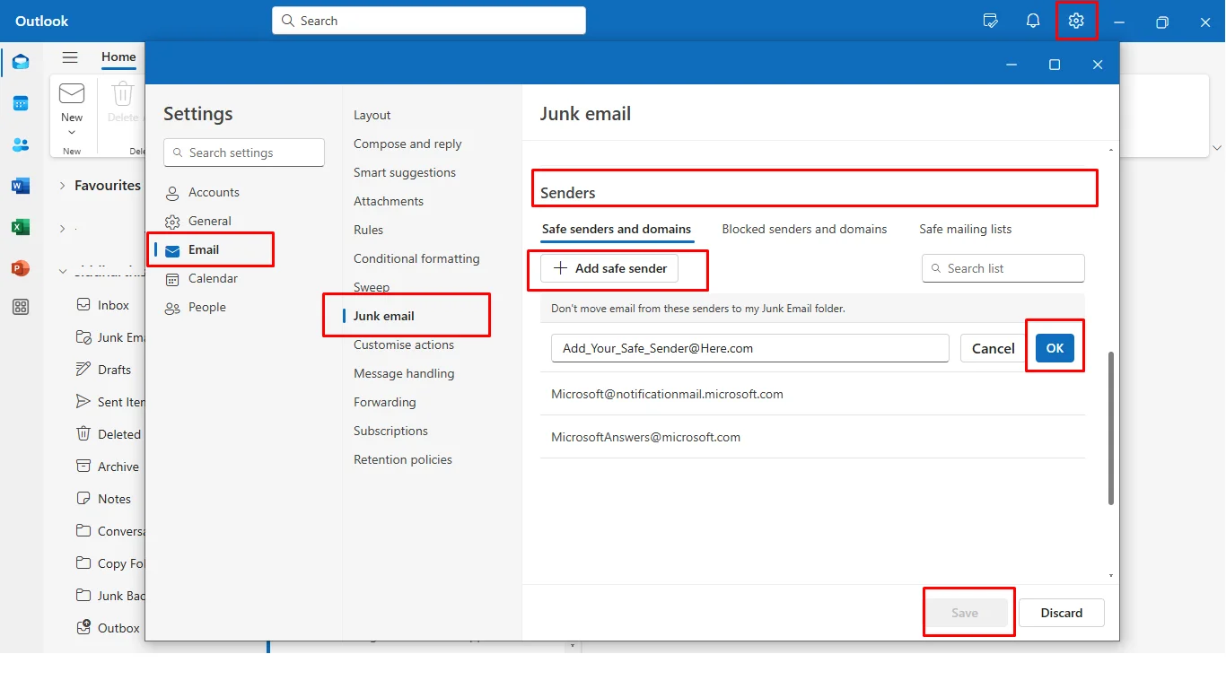 how to whitelist email in Outlook new