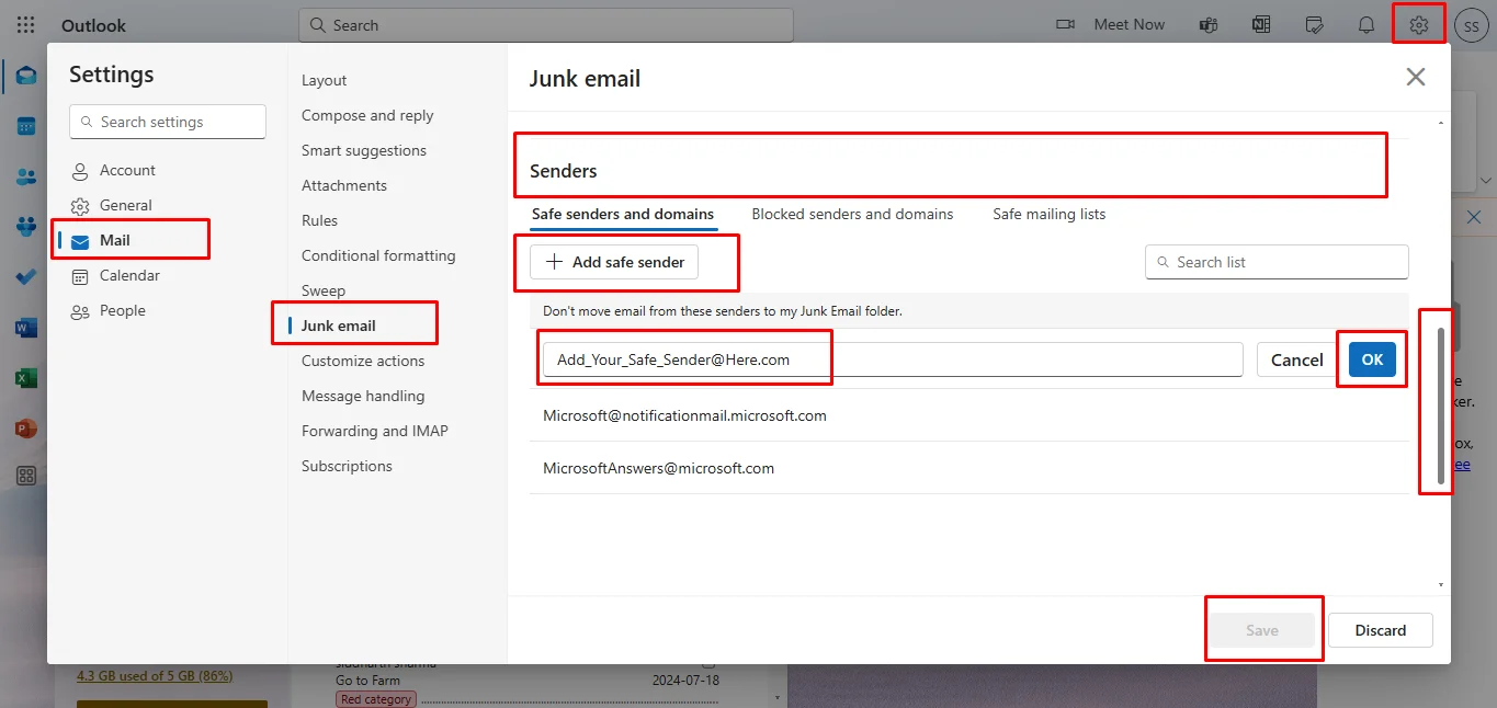 how to whitelist domain in Office 365 web