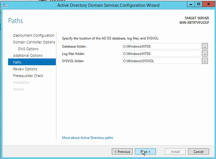 ADDS Database, Log Files, and SYSVOL folder path