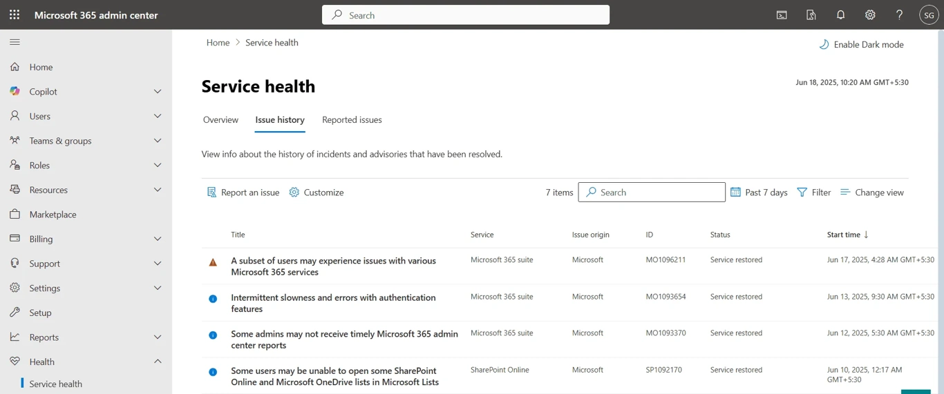 Microsoft 365 admin center shows outage incident MO1096211.