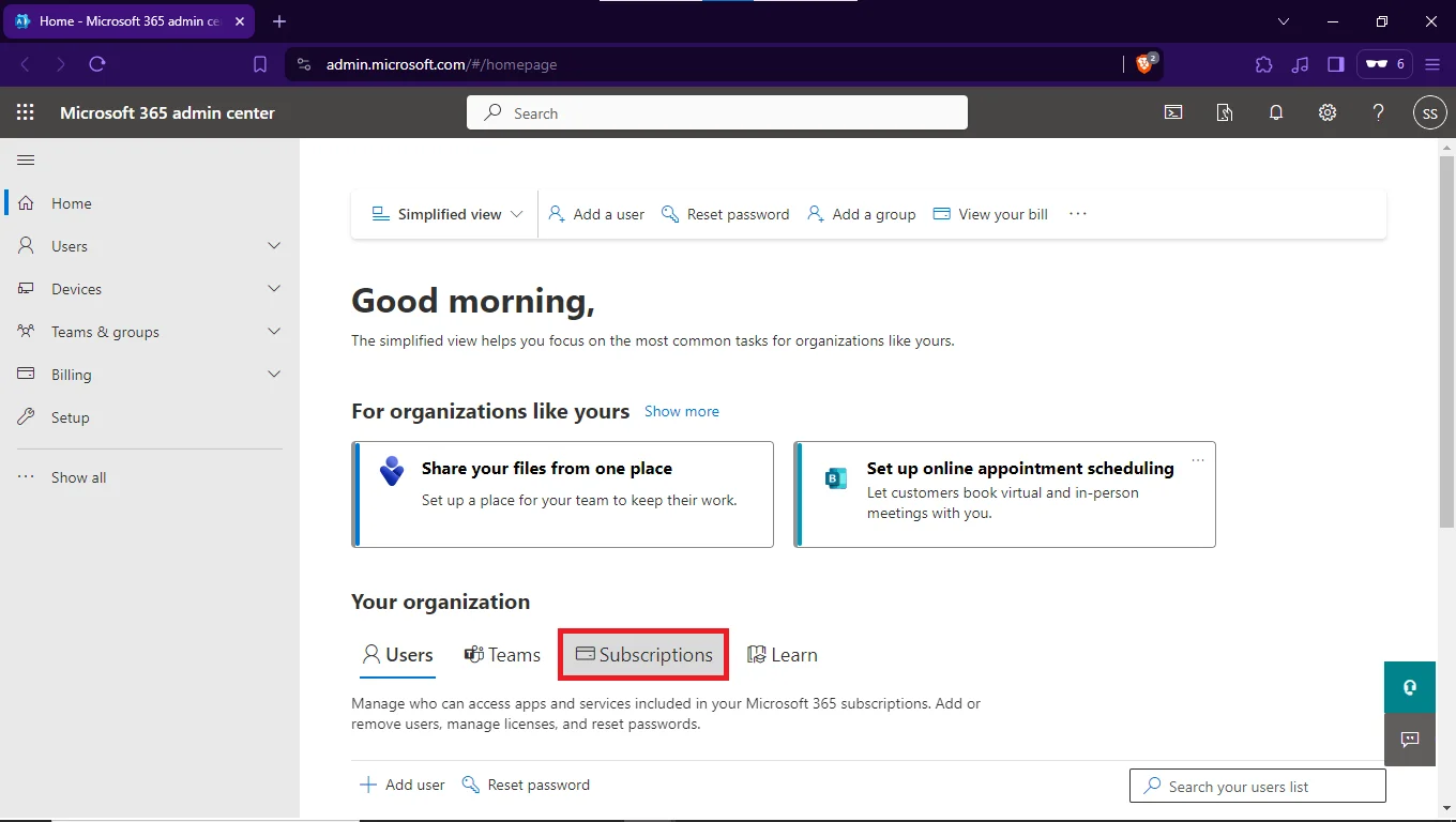 Admin Center and go to the subscriptions