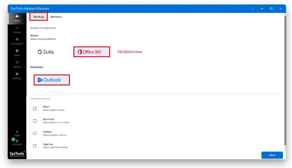 select source and destination