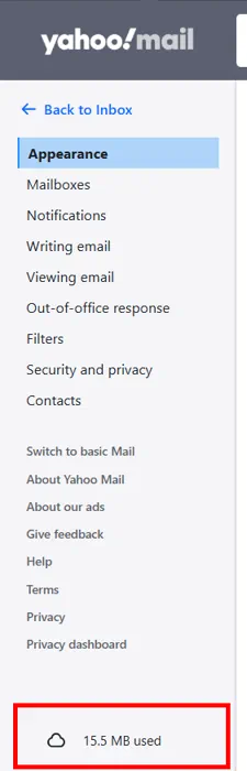 Check your Yahoo Mail Storage Limit