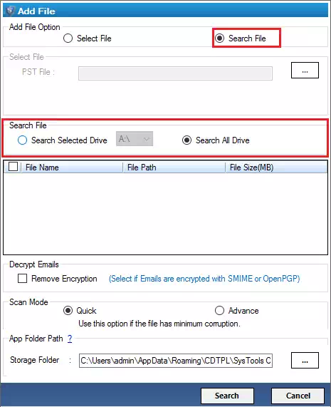Search all drives to recover PST