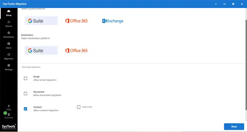 Choose G Suite as source and destination