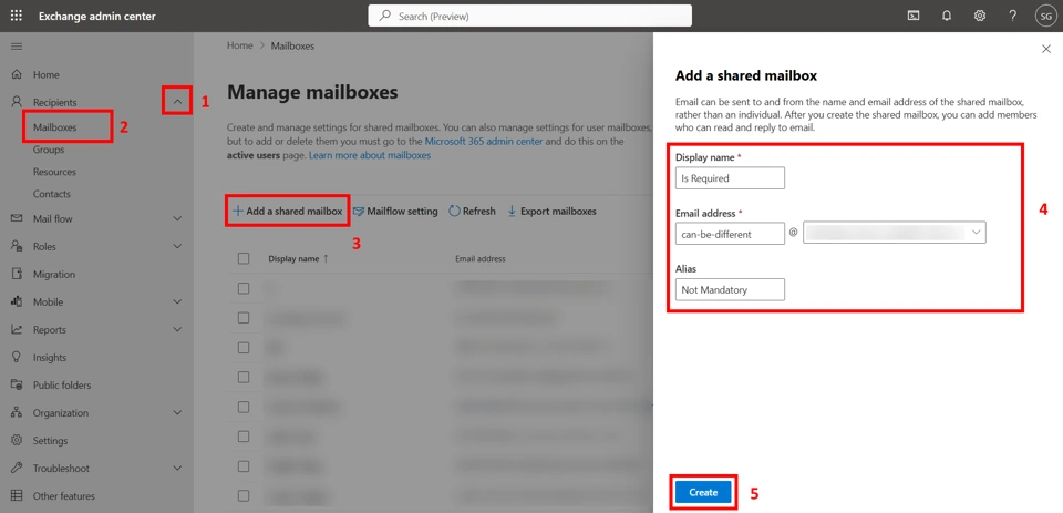 Exchange Admin Center: '+ Add a shared mailbox' option.