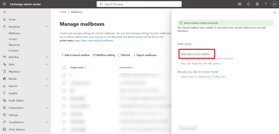 Selected accounts to add in shared mailbox in Exchange Admin Center after creation.